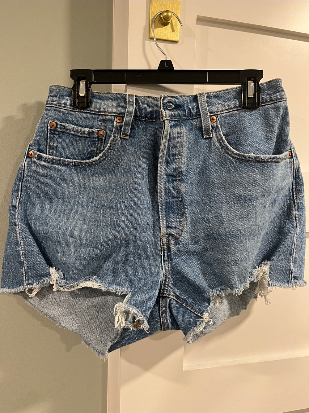 Levi's Light Blue Distressed High-Rise Denim Shorts